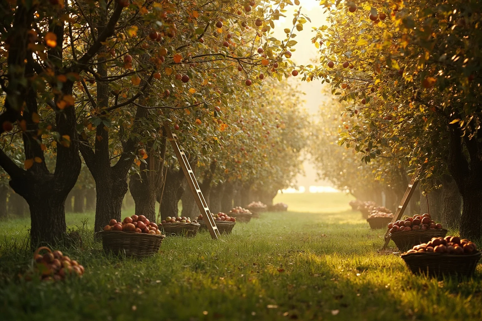An English apple orchard in autumn with ladders against trees, baskets of fruit and mist between the trunks, muted gold and green.