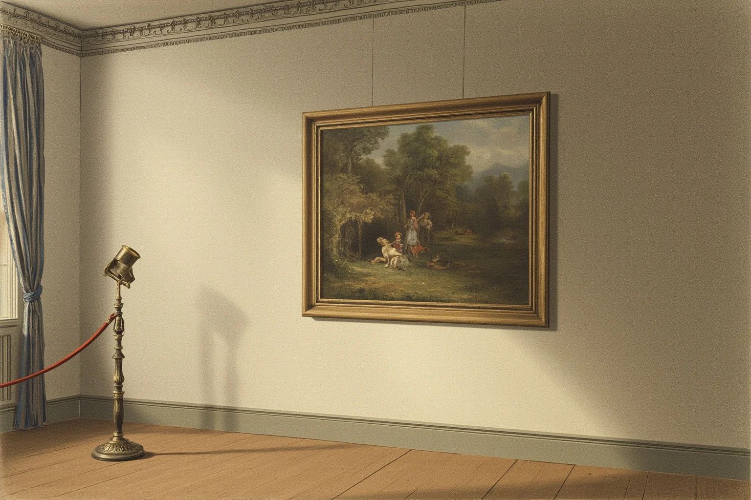 22 Famous Paintings That Were Stolen — Including 10 That Were Never Recovered 5 An English country house gallery with a velvet rope and a single spotlight aimed at a blank wall where a painting once hung, soft overcast light, historical illustration.