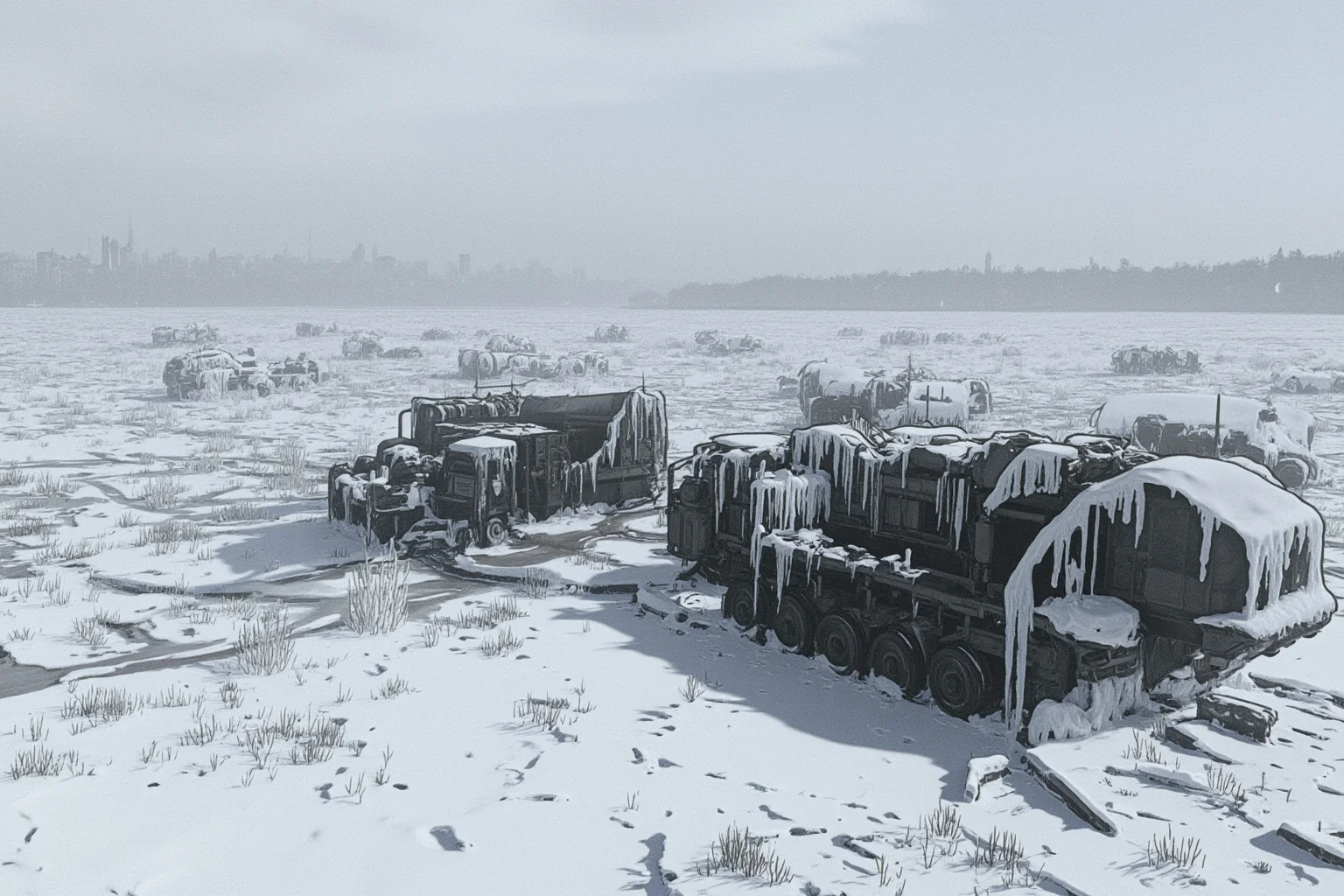 The Craziest Examples of the Butterfly Effect Throughout History 12 An evocative illustration of a frozen, snow-covered Eastern Front landscape in 1941, stalled military vehicles coated in ice, a distant city skyline obscured by winter haze.