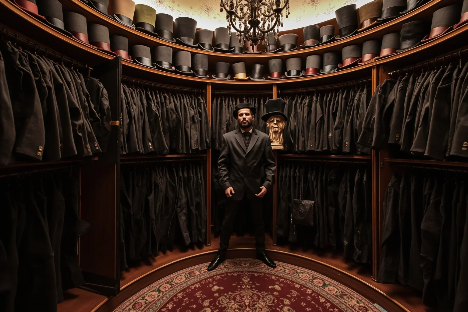An extravagant Victorian wardrobe room with rows of tailored trousers and top hats, no people.