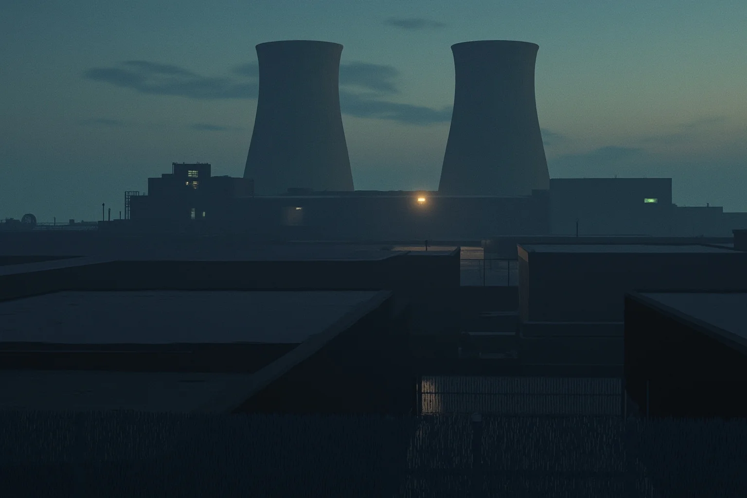 An illustrated aerial view of a nuclear power plant at dusk with cooling towers, security fencing, and a small control room window glowing, muted industrial palette