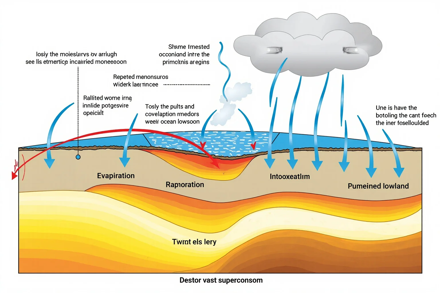 An illustrated cross-section diagram showing warm ocean moisture being carried inland over a vast supercontinent by an intensified monsoon, with arrows indicating evaporation, cloud formation, and rainfall over interior lowlands, clean scientific infographic style