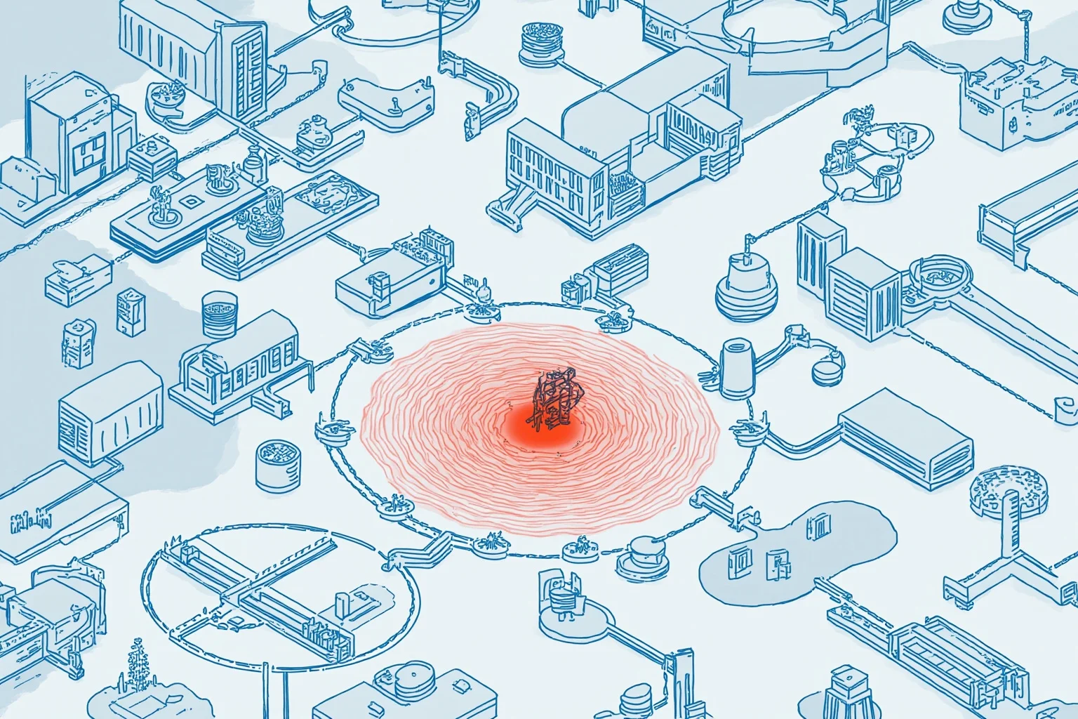 An illustrated diagram of connected infrastructure nodes — power lines, water pipes, banks, hospitals — with one node glowing red and ripples spreading outward