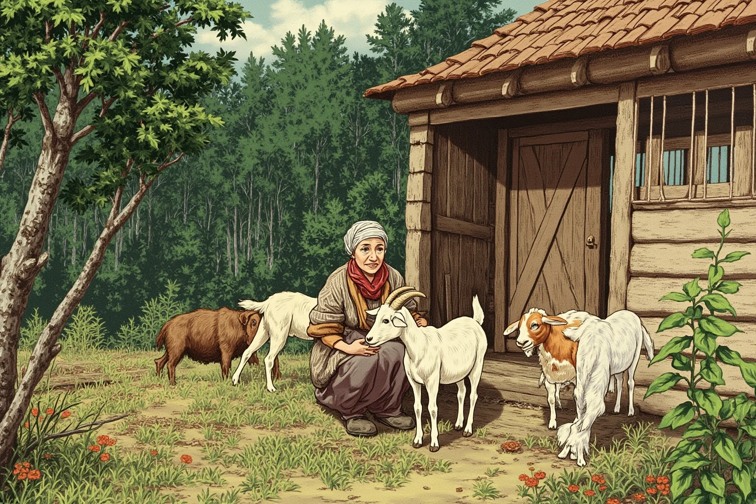 Agafia Lykova: The Siberian Hermit Woman Behind the Myths 2 An illustrated scene of an elderly woman in a headscarf and simple traditional Russian clothing tending goats and a garden outside a wooden hut, surrounded by dense Siberian forest