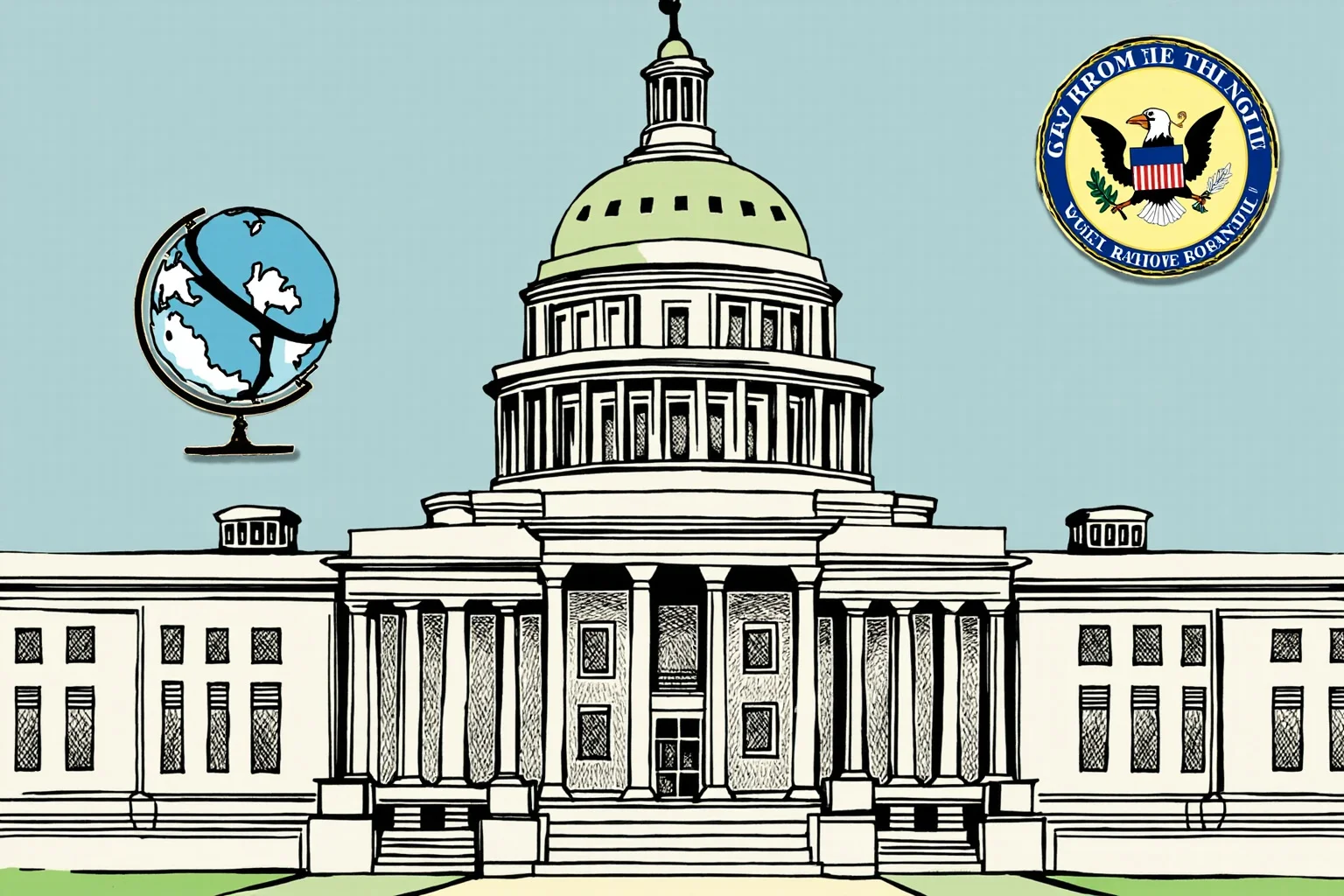 An illustration of a 1940s government building with a globe and compass, representing the creation of the CIA and National Security Council.