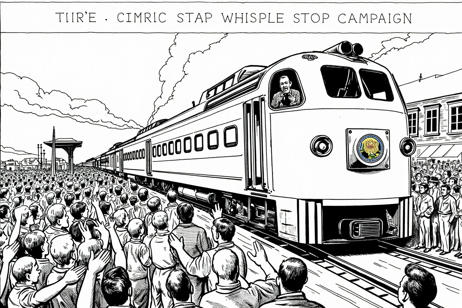 An illustration of a 1948 campaign train with a crowd cheering at a small-town station, representing Truman's whistle-stop campaign.