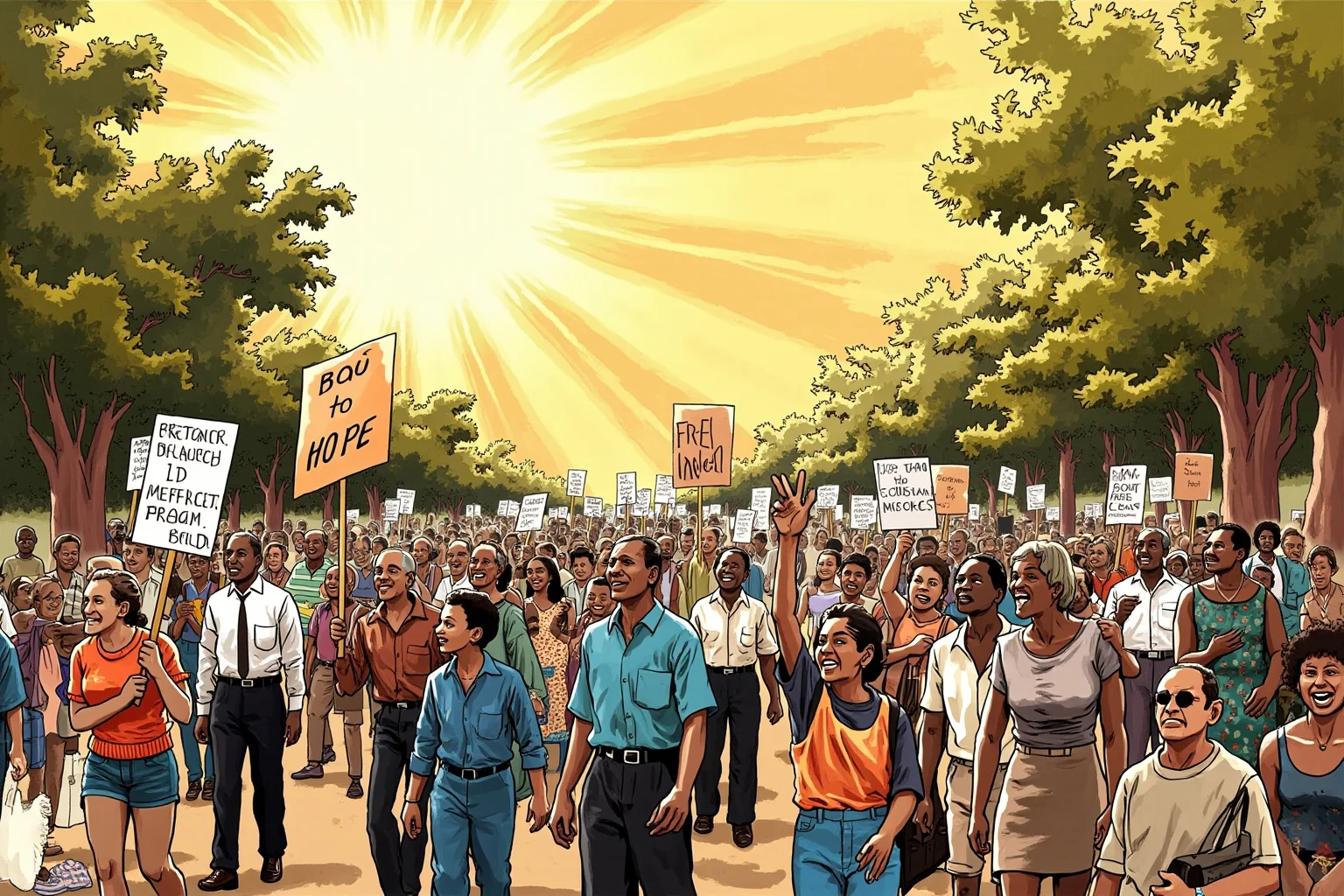 20 Little-Known Facts About Mahatma Gandhi 19 An illustration of a civil rights march in the American South in the 1960s with people carrying signs, sunlight and hope, no recognizable individuals.
