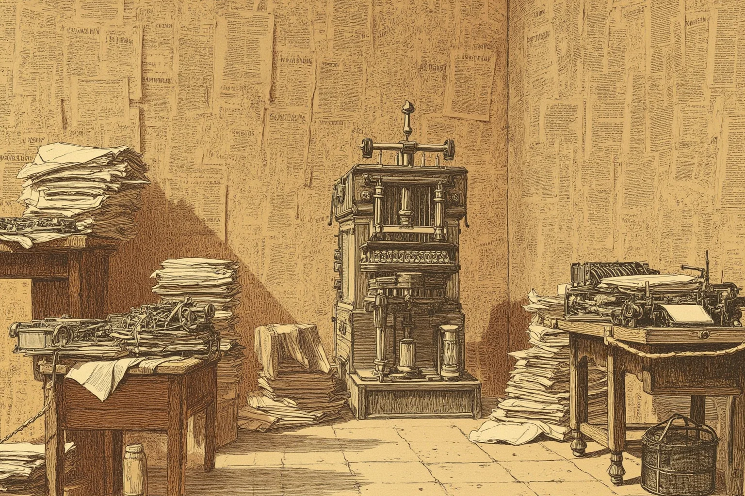 20 Little-Known Facts About Mahatma Gandhi 12 An illustration of a cluttered newspaper office in colonial India with typewriters, stacks of paper, and a printing press, warm sepia tones.
