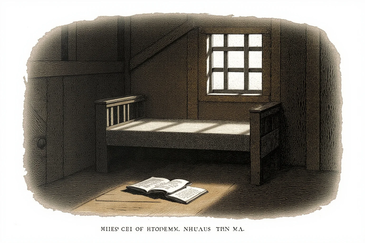 20 Little-Known Facts About Mahatma Gandhi 14 An illustration of a colonial-era prison cell with a bare cot, a book, and a small barred window, soft light in a somber mood.