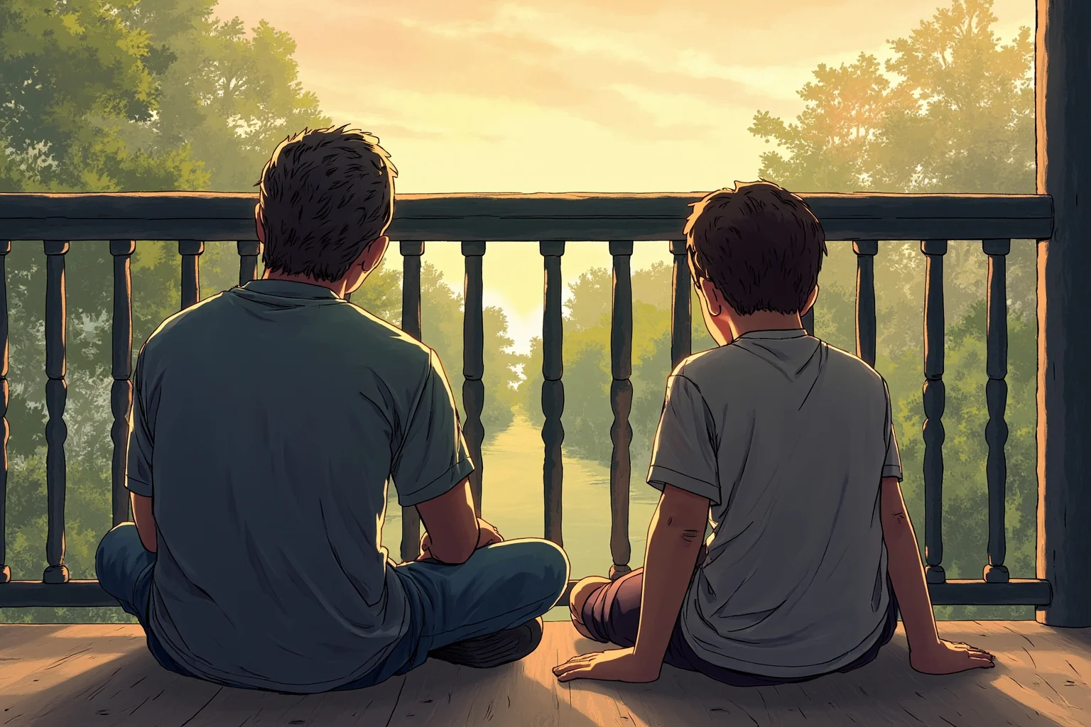 20 Little-Known Facts About Mahatma Gandhi 15 An illustration of a father and adult son sitting apart on a veranda, both looking away, tense and quiet atmosphere, early evening light.