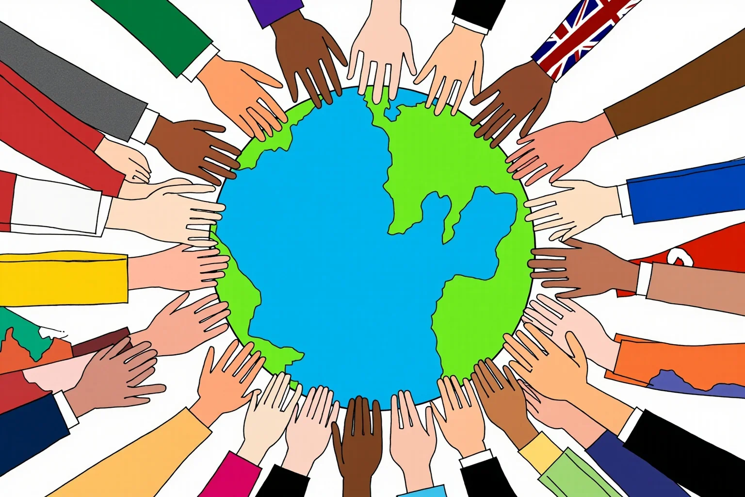 An illustration of a globe surrounded by hands of many nations, representing Truman's support for the United Nations.