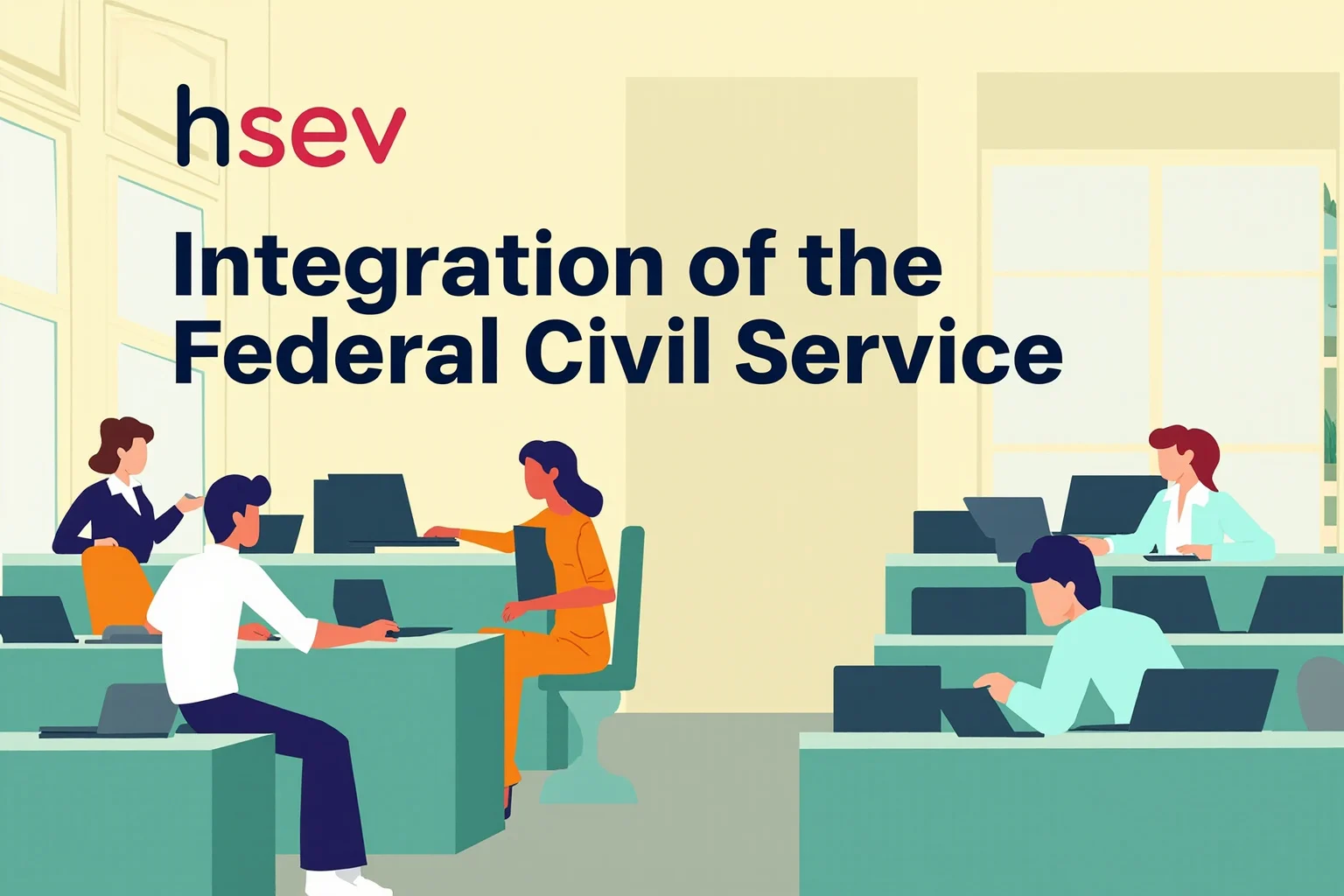 An illustration of a government office with diverse workers at desks, representing the integration of the federal civil service.
