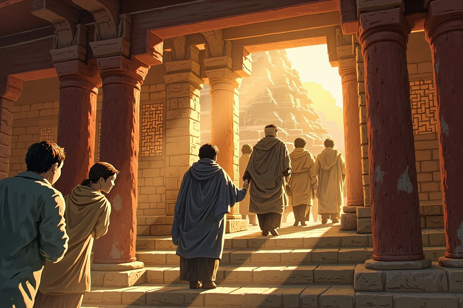20 Little-Known Facts About Mahatma Gandhi 16 An illustration of a group of people entering a village temple together, symbolizing inclusion, soft warm light on stone steps.