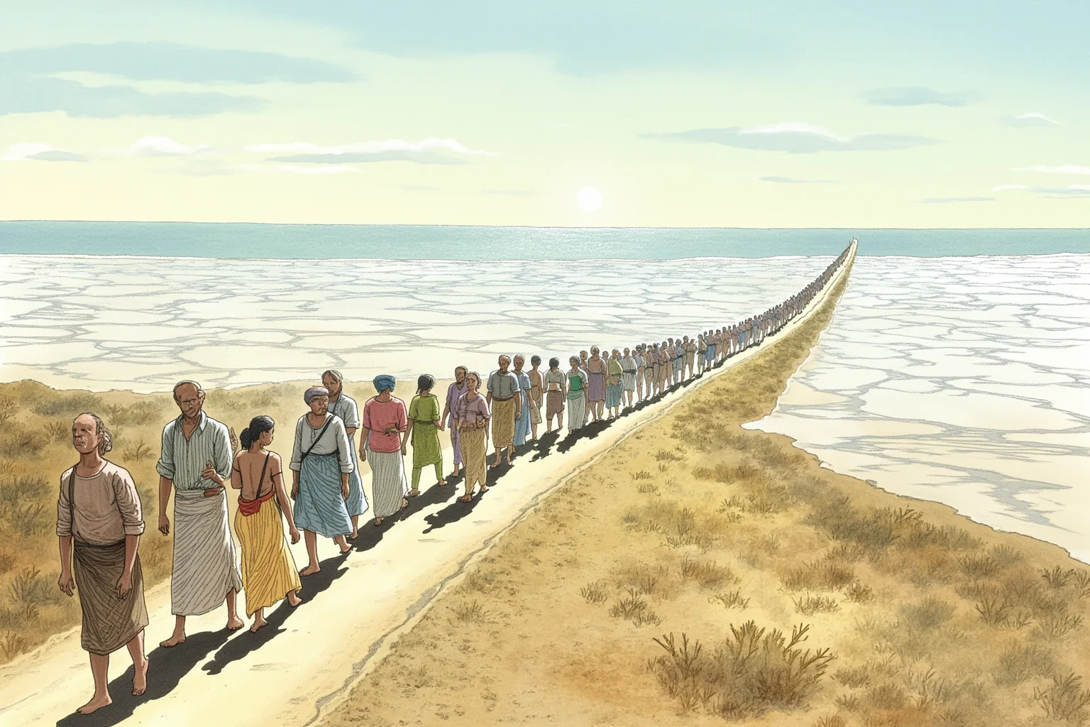 20 Little-Known Facts About Mahatma Gandhi 13 An illustration of a long coastal march with ordinary people walking along a dusty road toward the sea, salt flats shimmering in the distance.