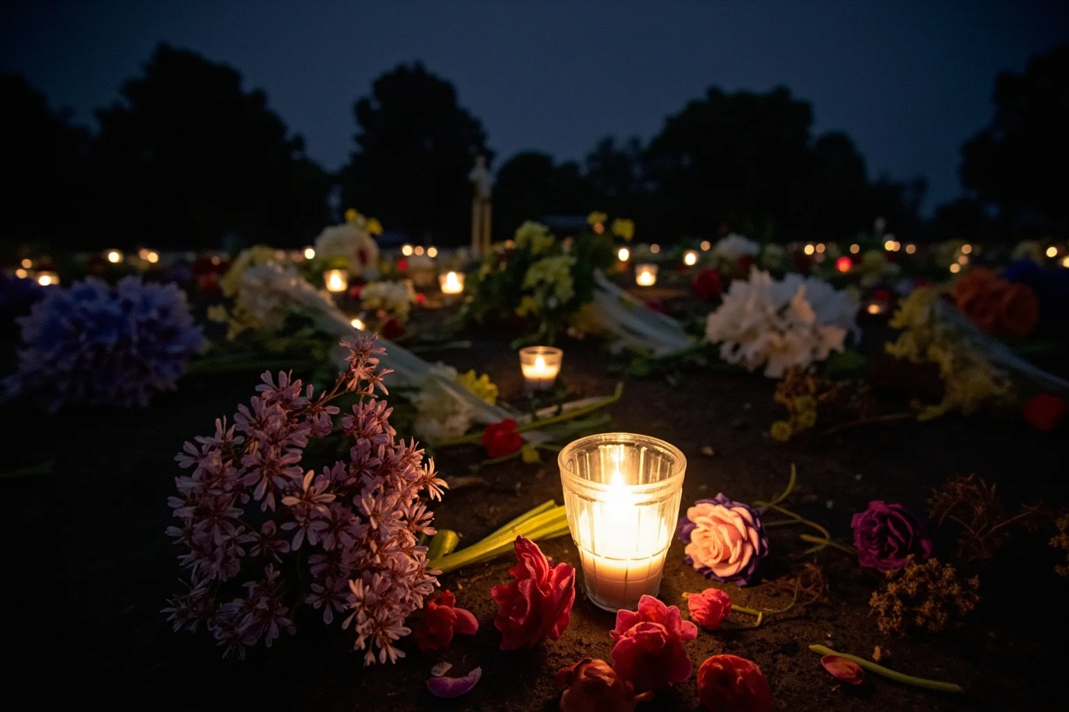 20 Little-Known Facts About Mahatma Gandhi 18 An illustration of a memorial site with flowers and candlelight at dusk in New Delhi, somber and respectful mood.