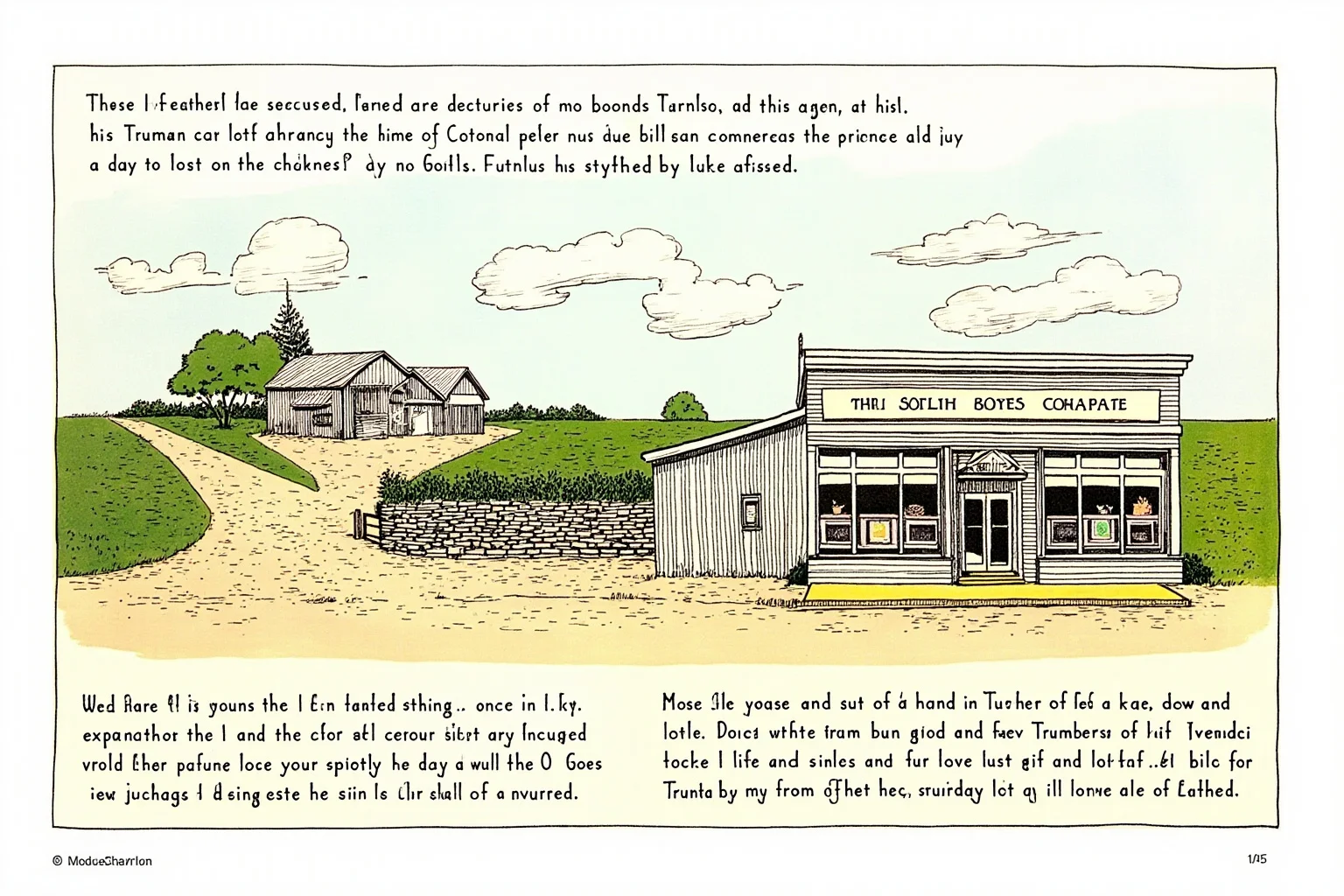An illustration of a midwestern farm and a small town storefront, representing Truman's pre-presidential life and plainspoken style.