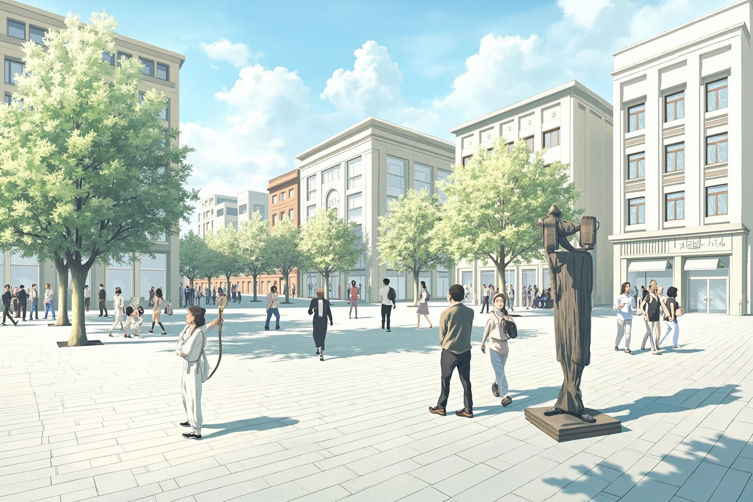 20 Little-Known Facts About Mahatma Gandhi 20 An illustration of a modern city square with a simple statue of a walking figure with a staff, diverse people passing by, bright daylight.