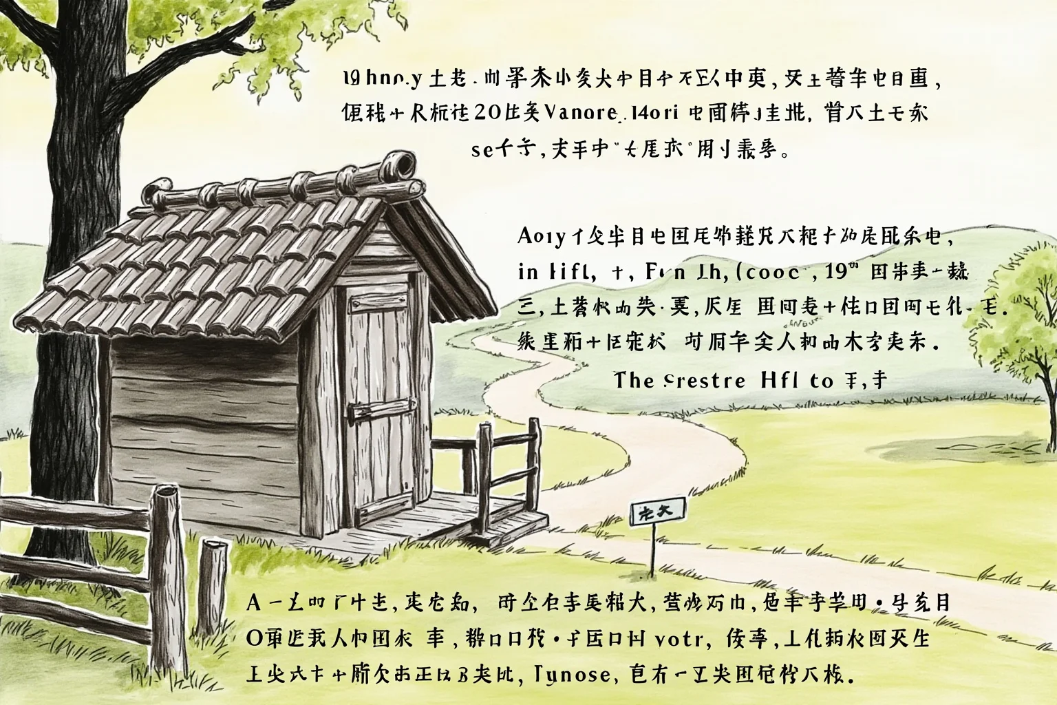 An illustration of a young pigeon being trained, released from a short distance near a rustic wooden loft in a countryside setting