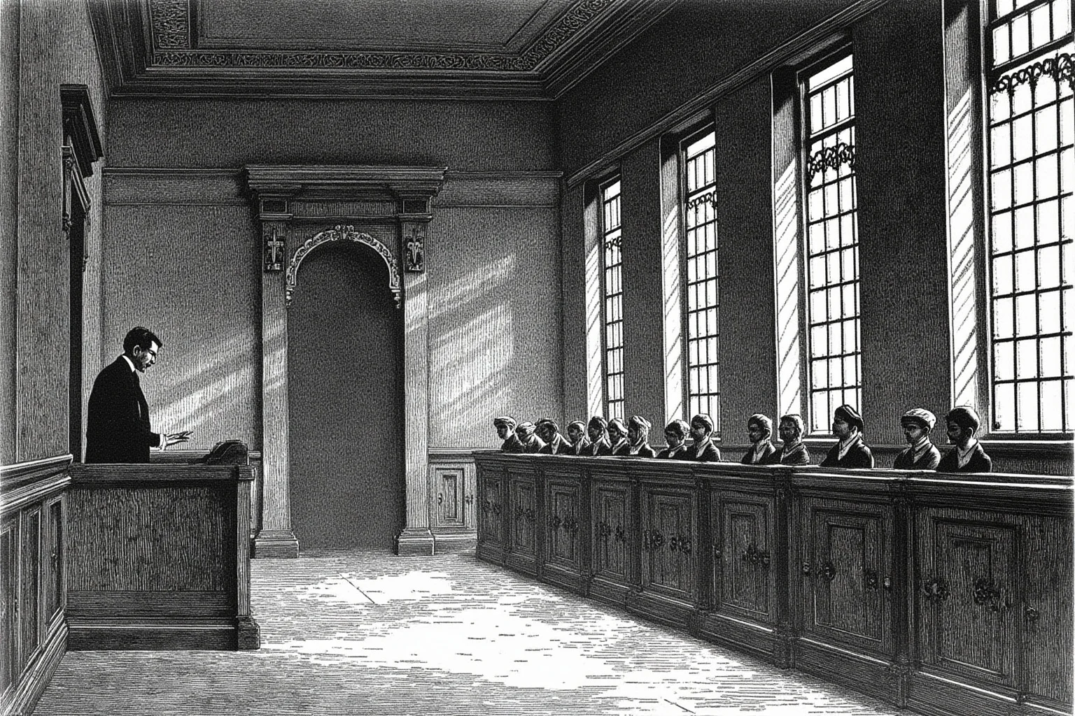 20 Little-Known Facts About Mahatma Gandhi 5 An illustration of an empty colonial courtroom in Bombay in the 1890s with a nervous young lawyer standing before a bench, evocative shadows.