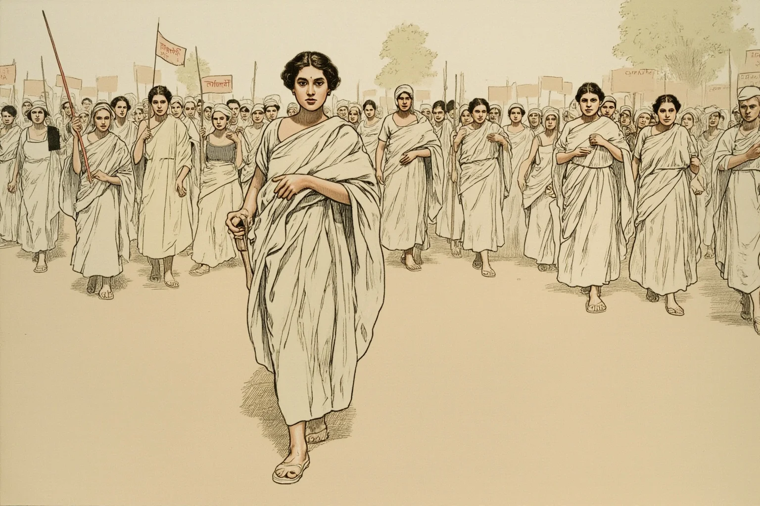 20 Little-Known Facts About Mahatma Gandhi 10 An illustration of an Indian woman in a plain sari walking purposefully during a protest march in the early 20th century, soft dust and daylight.