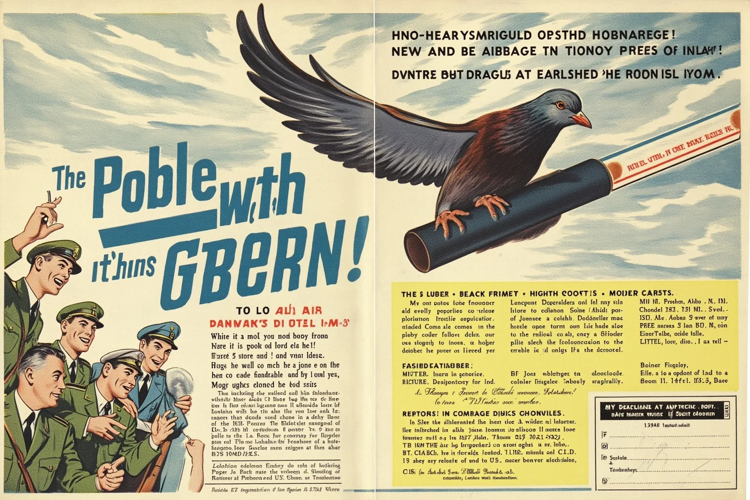 An illustration of GI Joe the pigeon arriving at an Allied command post in Italy, 1943, with a message tube and relieved officers visible
