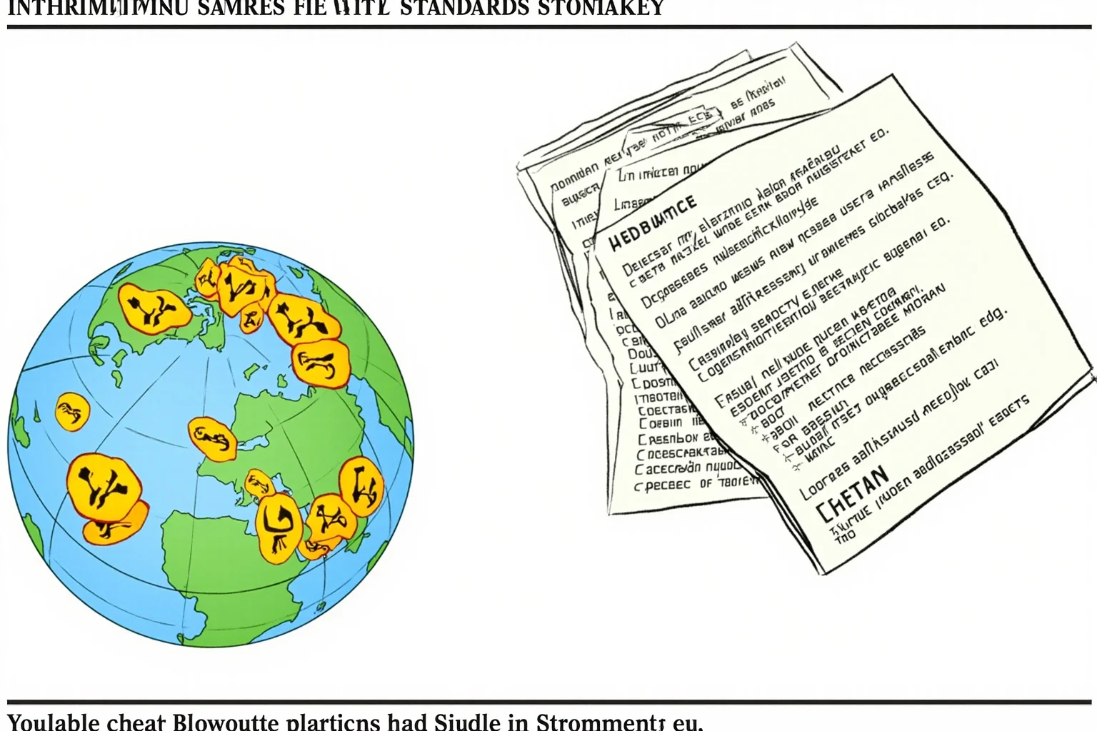 An illustration of international safety standards documents and a globe with nuclear symbols, representing global reforms after Chernobyl.