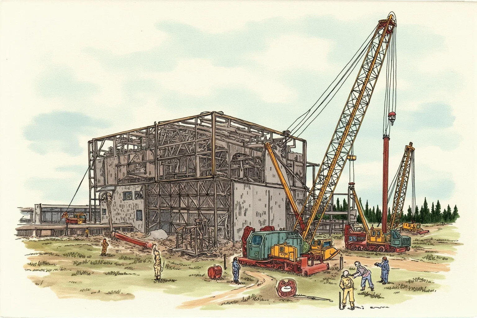 An illustration of the original Chernobyl sarcophagus under construction, with cranes and workers in protective gear, 1986 setting.