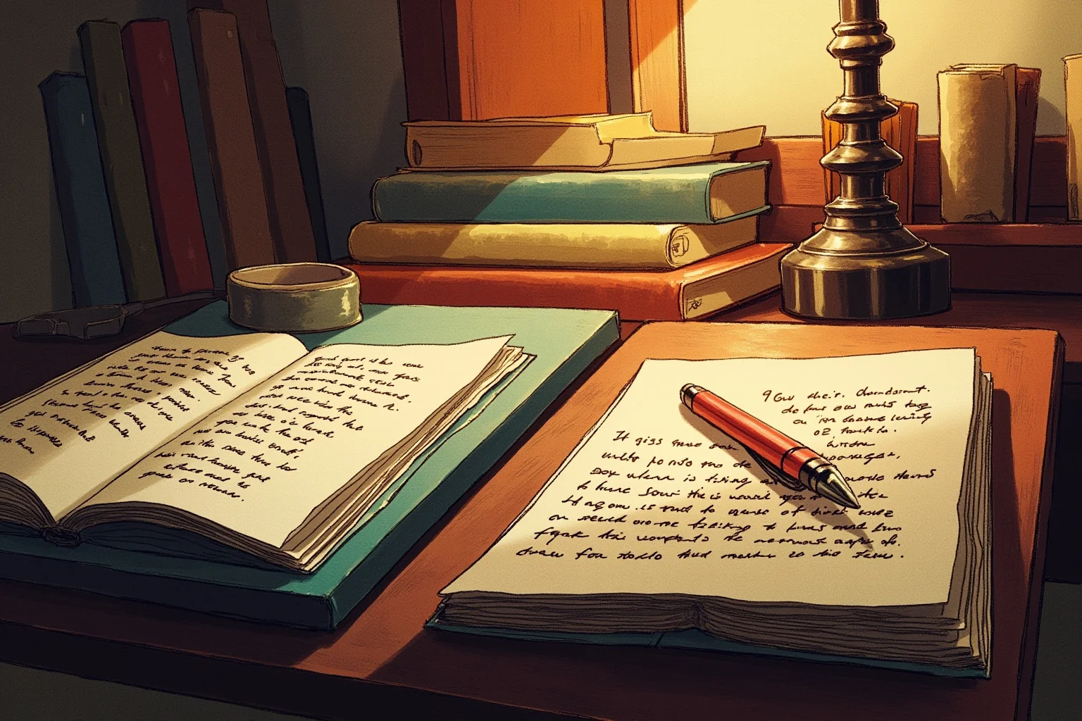 20 Little-Known Facts About Mahatma Gandhi 8 An illustration of two desks with handwritten letters and open books in a study, suggesting a long-distance correspondence between writers, warm lamp light.