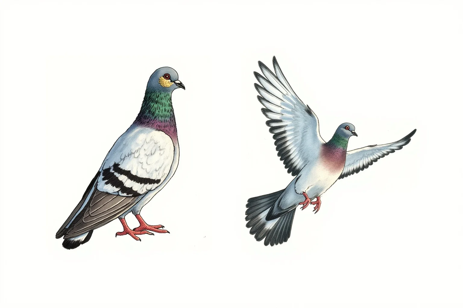 An illustration showing two pigeon breeds side by side: a fancy carrier pigeon with prominent wattles around its beak and a sleek homing pigeon in flight pose