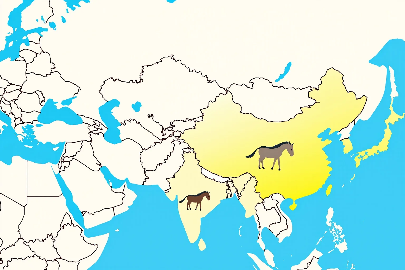 An infographic-style map of Asia from the Pacific coast to the Caspian Sea showing colored gradients of a Y-chromosome lineage spreading outward from Mongolia, with simple icons of yurts and horses