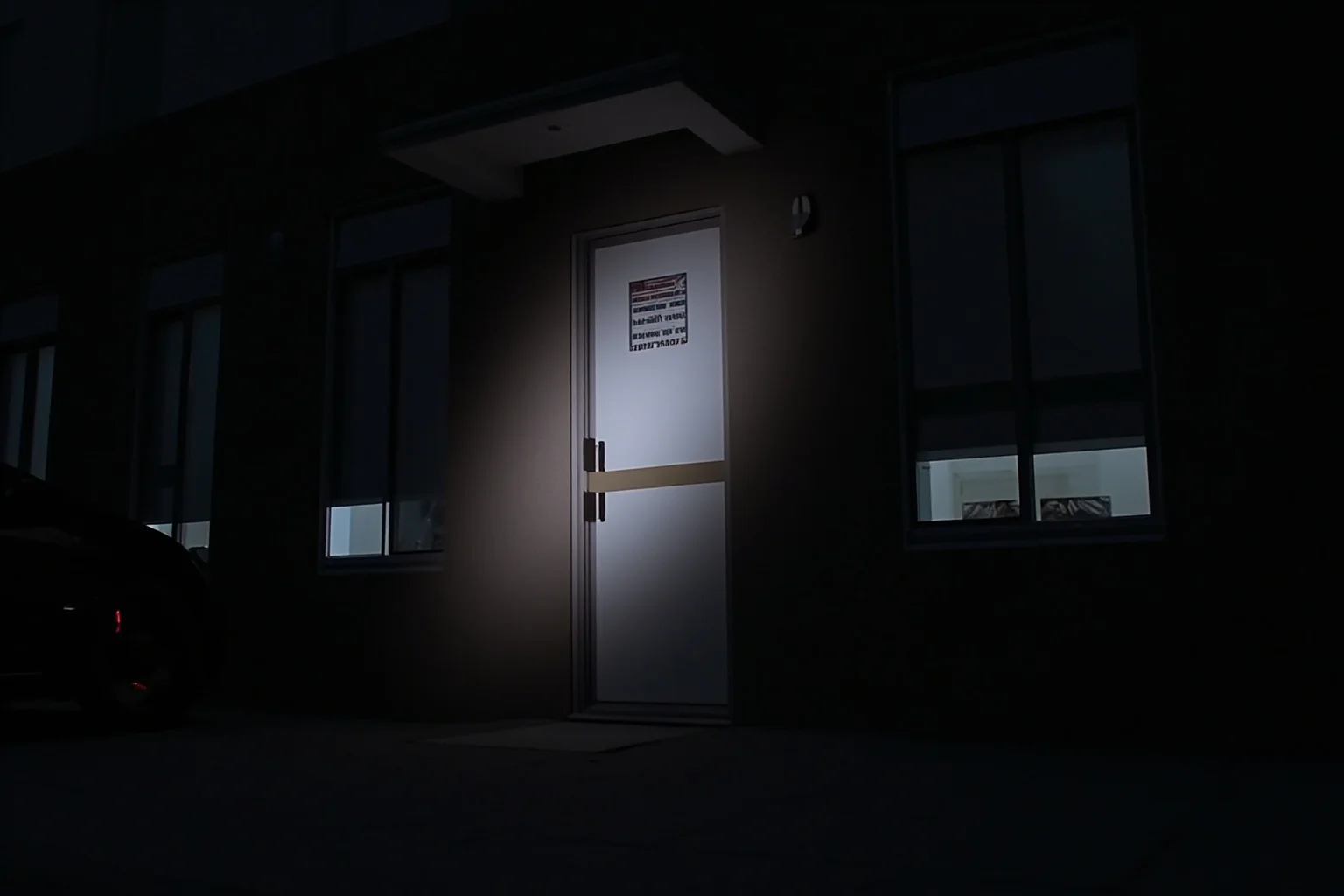 An office building at night with a flashlight beam illuminating a door marked 'Democratic National Committee Headquarters,' with tape over a door latch, representing the Watergate break-in