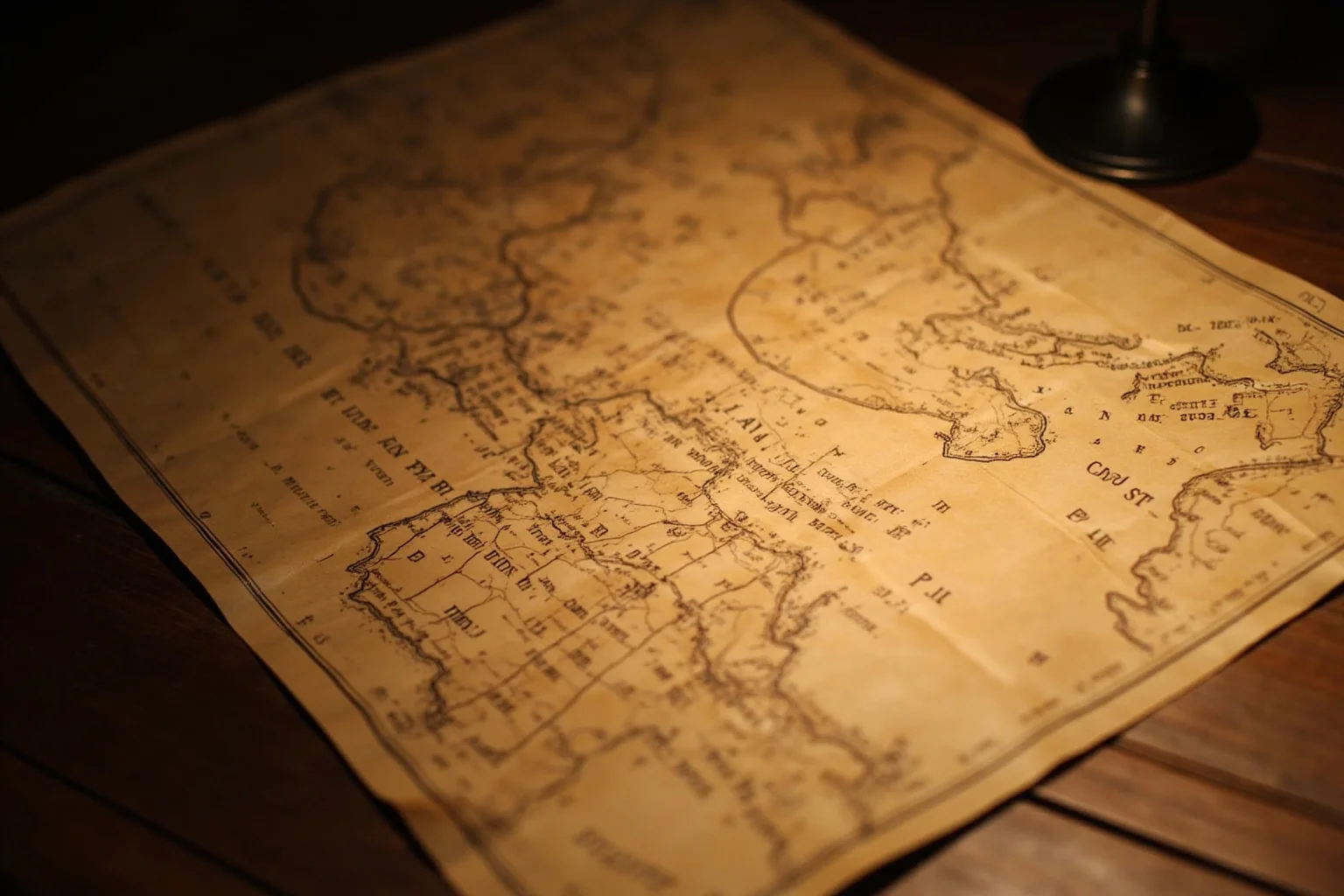 An old map drawn on gazelle skin showing coastlines of Europe, Africa, and the Americas, with intricate details, lying on a wooden desk, candlelight.