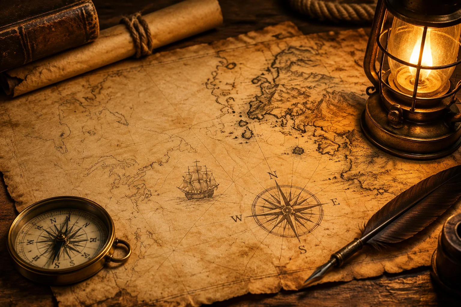 An old navigational chart with compass, quill, and a ship's lantern, coastlines half-drawn, warm parchment tones