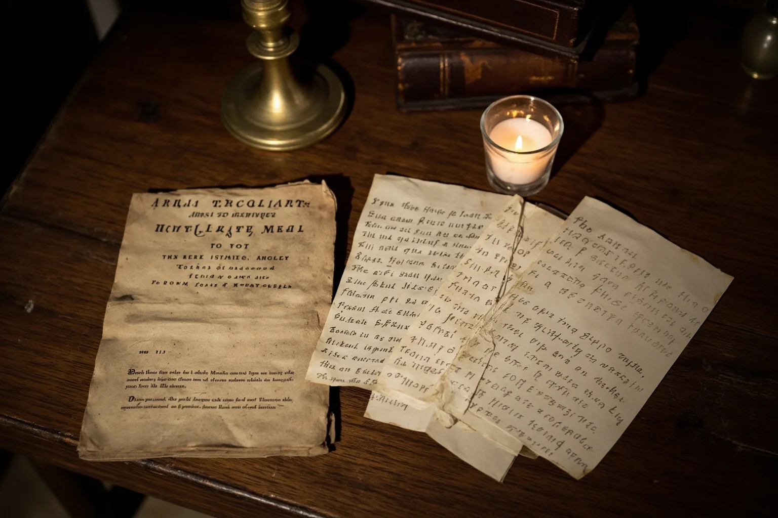 An old pamphlet and three sheets of handwritten cipher text on a wooden table beside a candle, 19th-century study