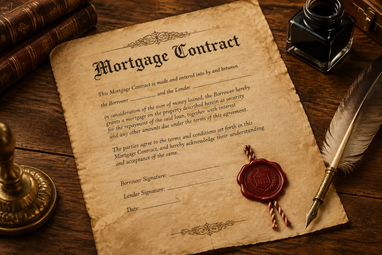 An old parchment mortgage contract with a wax seal and quill on a wooden desk, warm vintage tones.