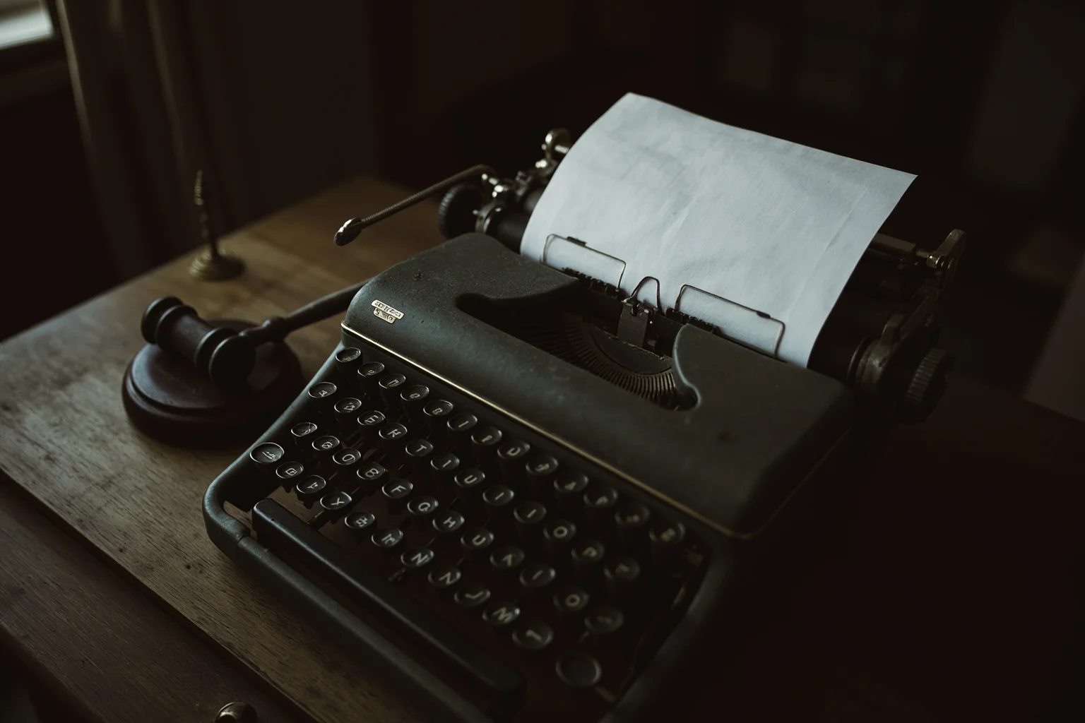 An old typewriter with a manuscript page and a gavel on a desk, vintage courtroom-inspired still life suggesting a blocked memoir