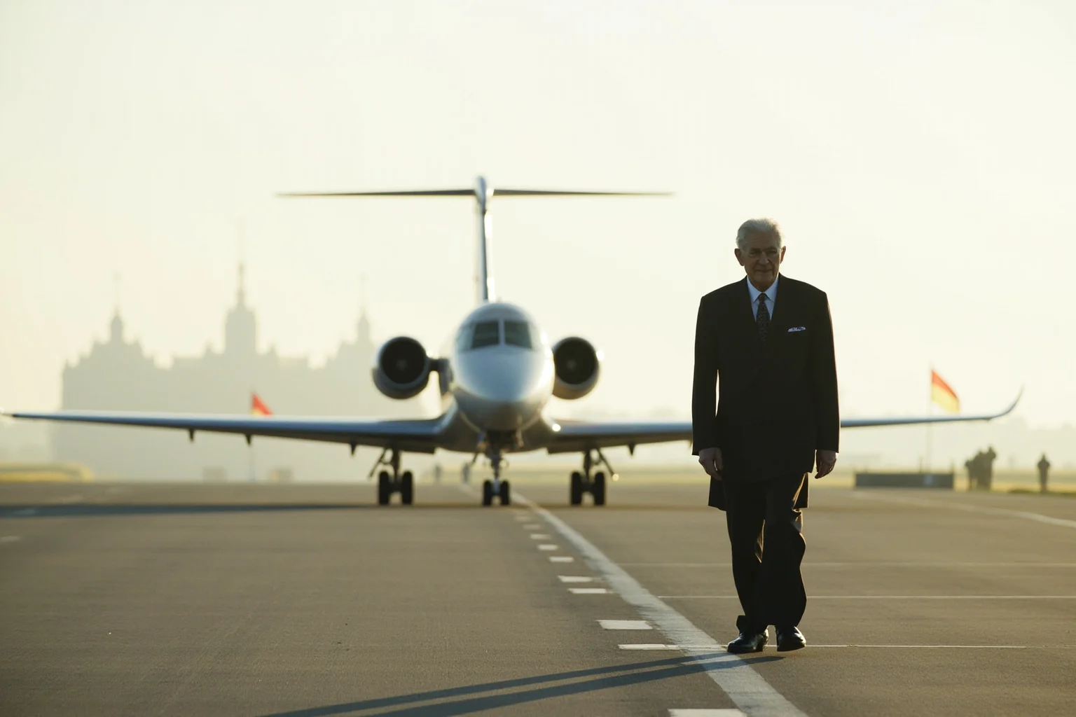 An older king in a dark suit walking alone across an airfield toward a waiting jet, a palace and a red-and-yellow flag far behind, cool morning light.