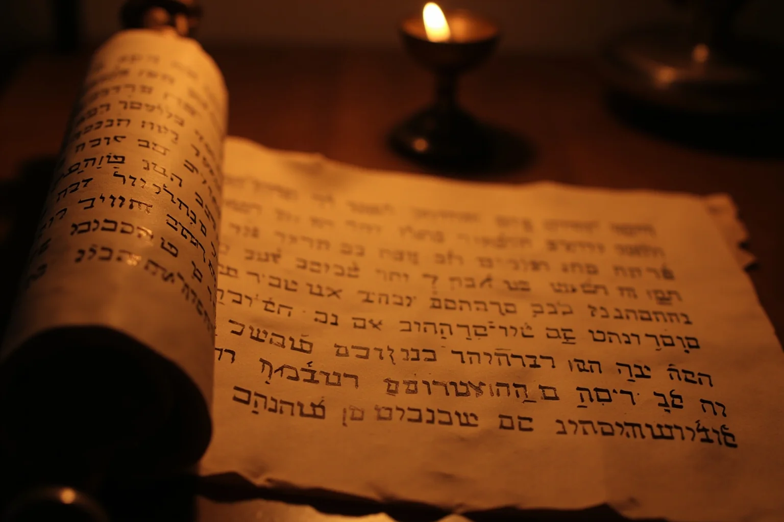 Earliest Laws We Still Practice Today: 10 First Law Codes That Shaped Modern Rules 7 An open ancient scroll with Hebrew script on parchment, resting on a wooden table beside a small oil lamp.