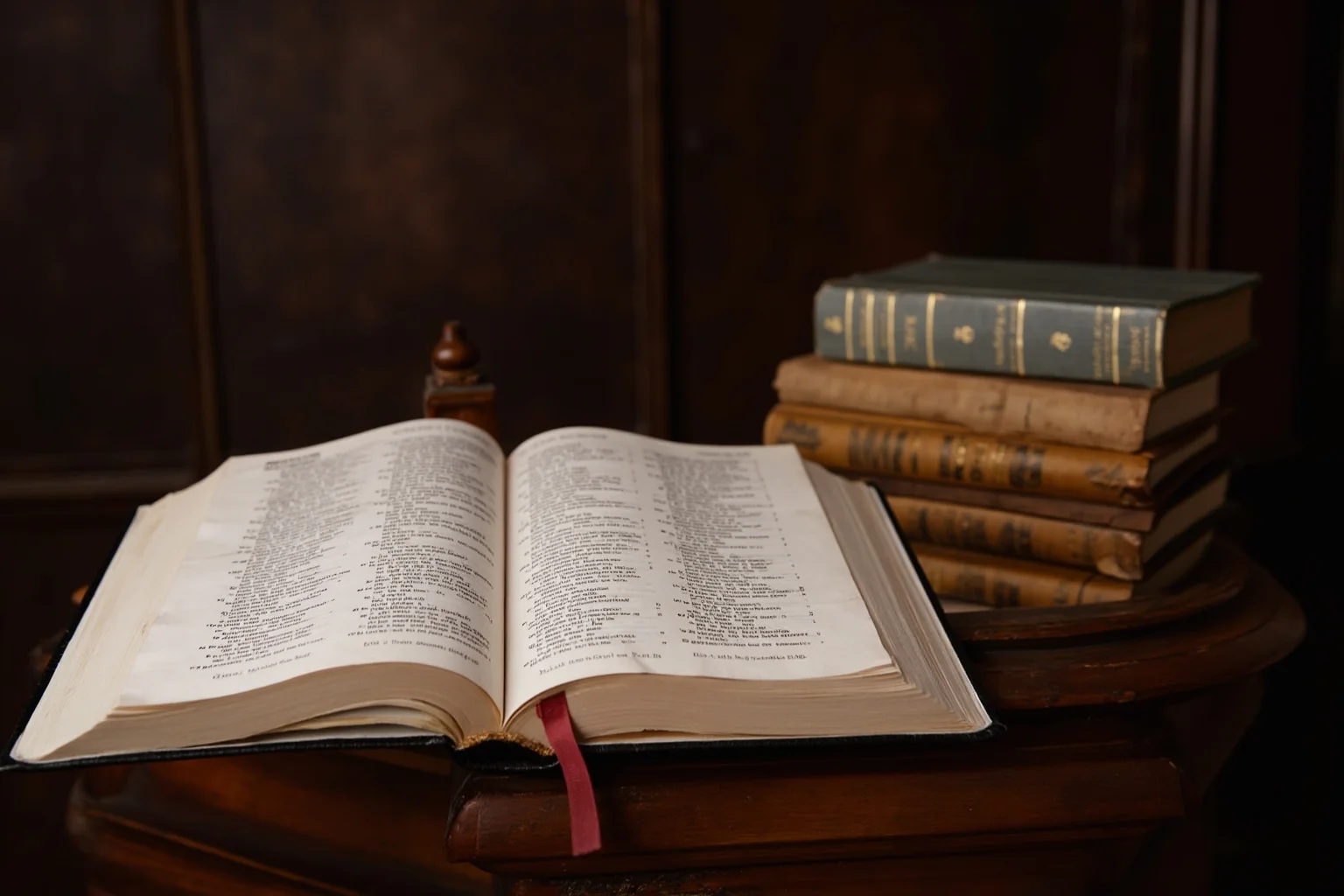 An open Bible on a podium next to a stack of law books in a 19th-century study, no people.