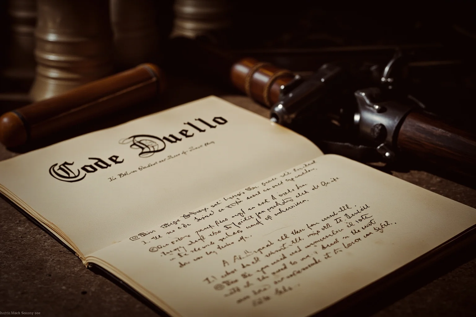 An open leather-bound book titled 'Code Duello' with elegant handwriting on parchment, a gavel and pistol nearby.