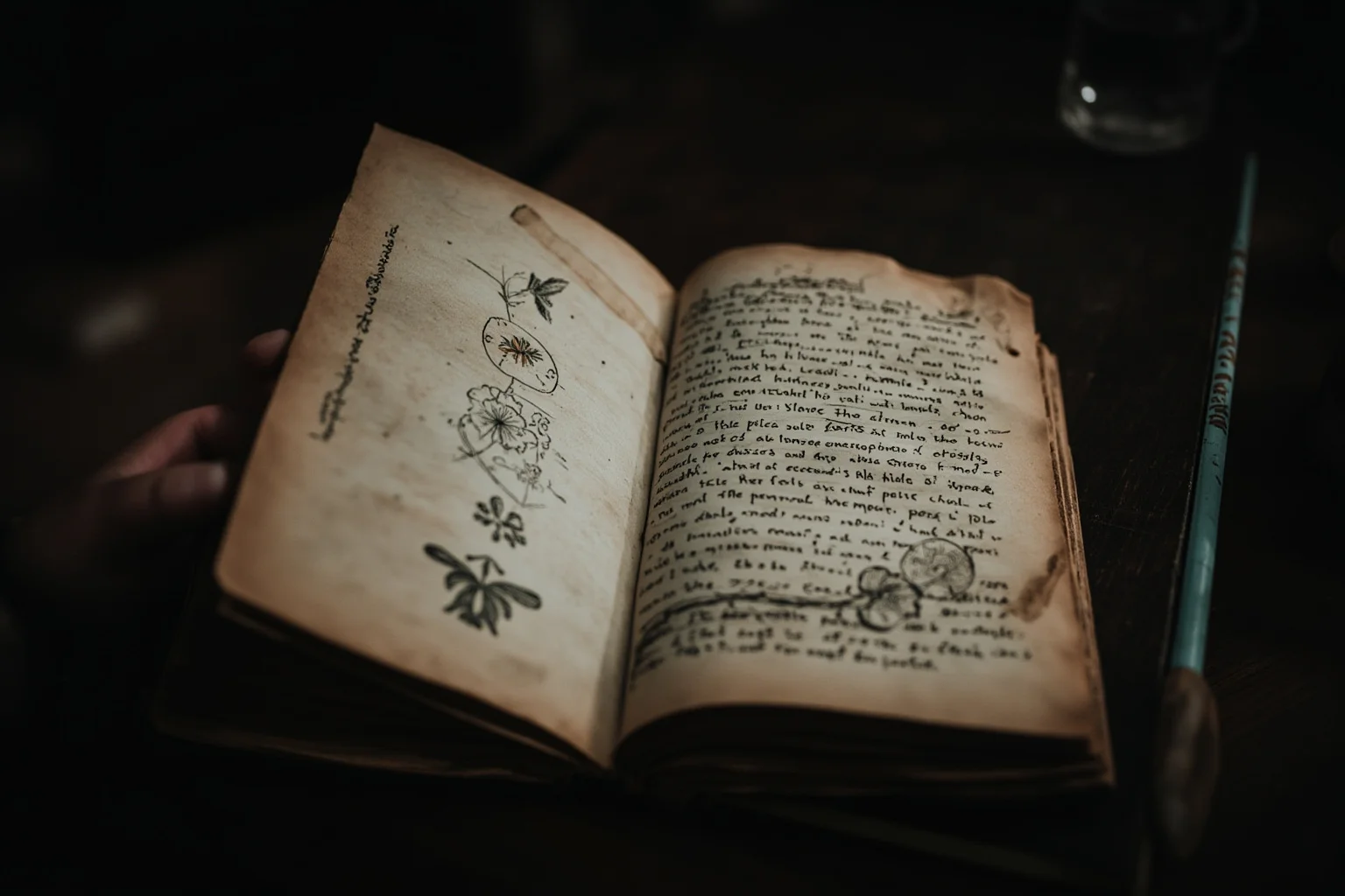 An open manuscript with strange illustrations of plants and astronomical diagrams, and an undeciphered script, on a dark wooden table, moody lighting.