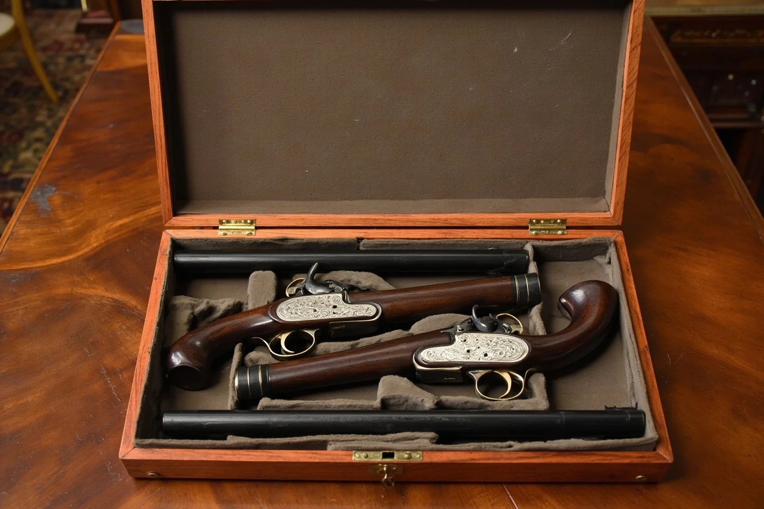 An open wooden case displaying a pair of matched dueling pistols with silver inlays, on a mahogany table.