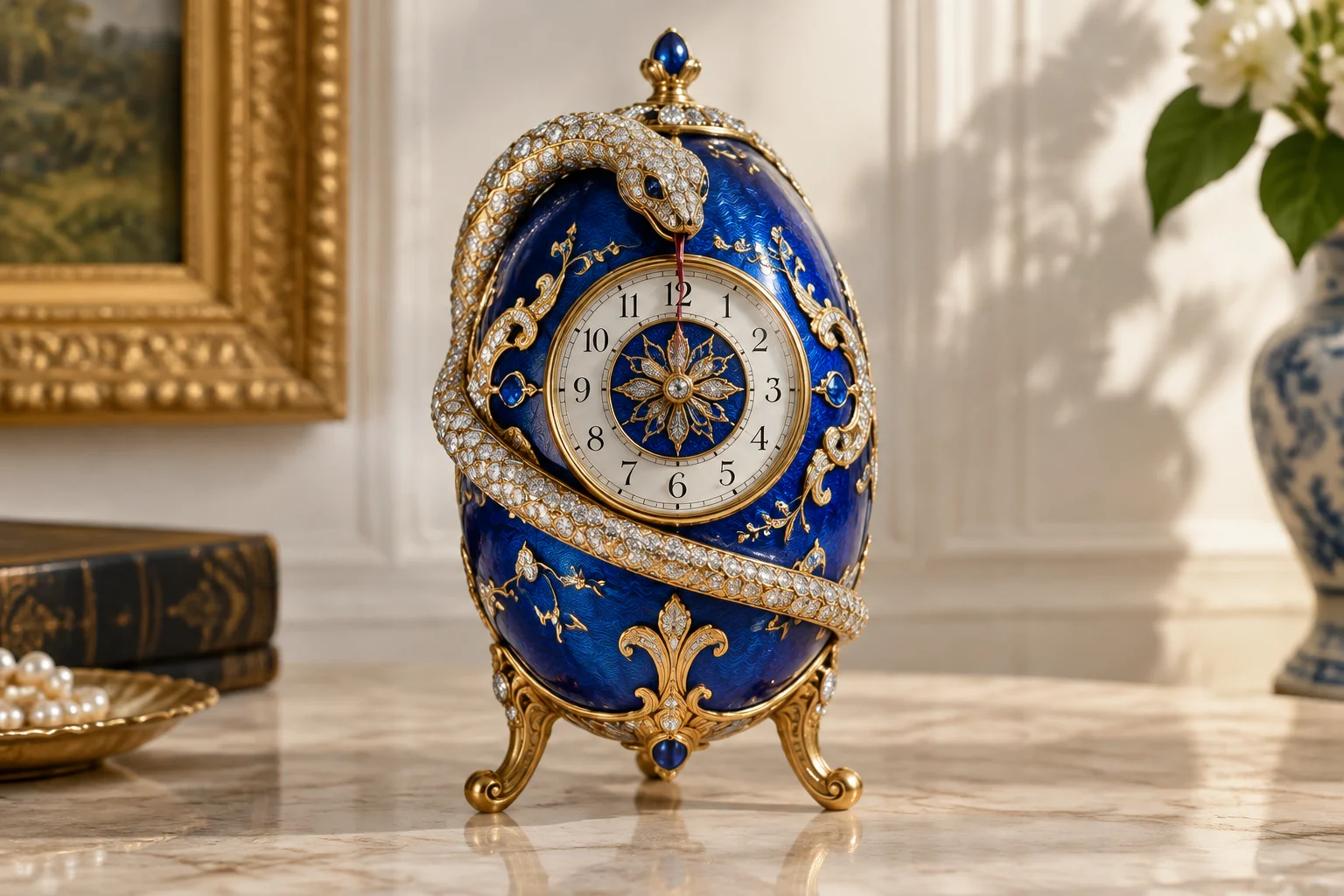 An ornate blue enamel clock egg with a diamond serpent wrapped around it, the serpent's tongue pointing to the hour on a rotating dial.