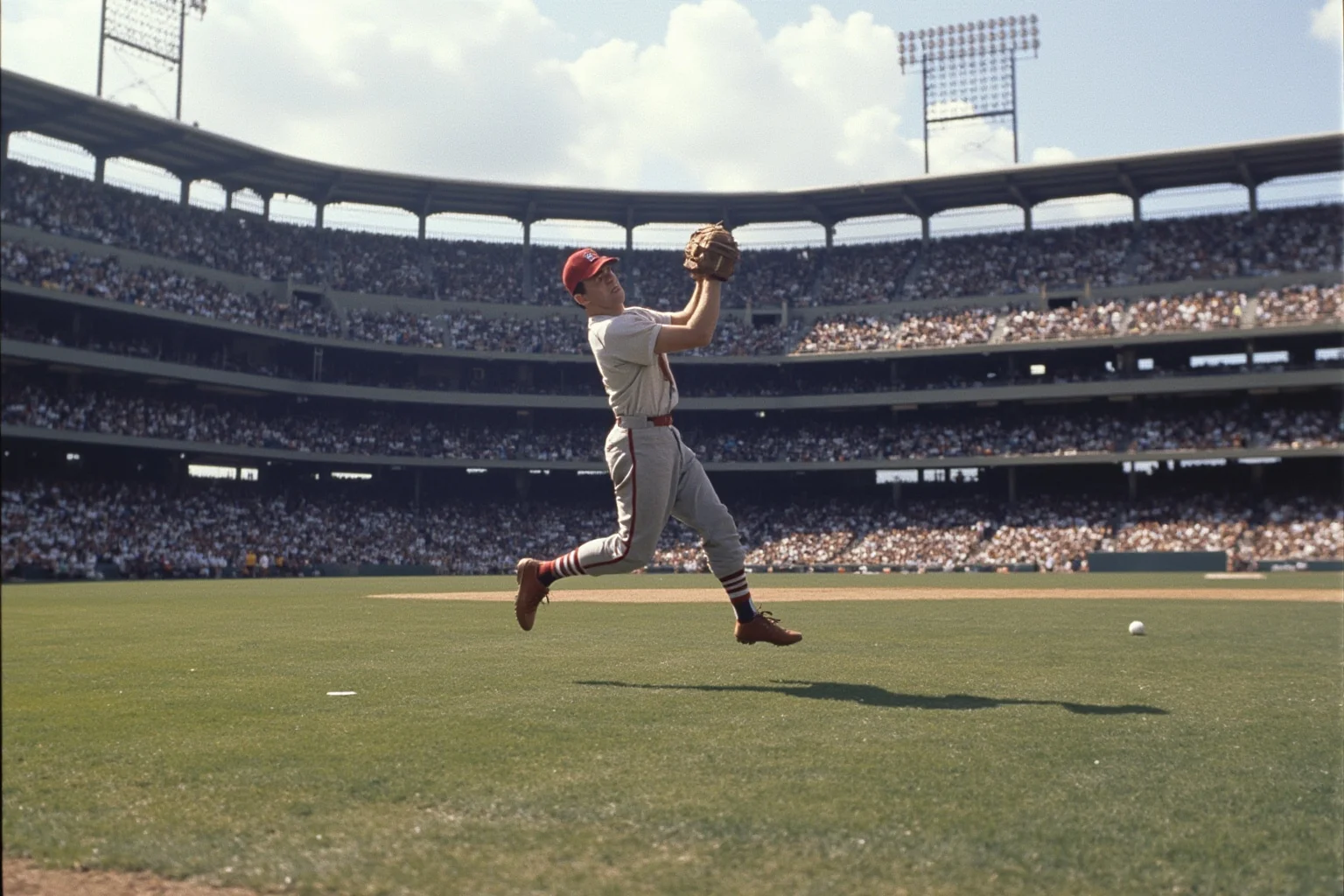 25 Memorable Moments That Defined World Series History 8 An outfielder making an over-the-shoulder catch in a cavernous 1950s ballpark, deep center field, dramatic daylight, no recognizable face.