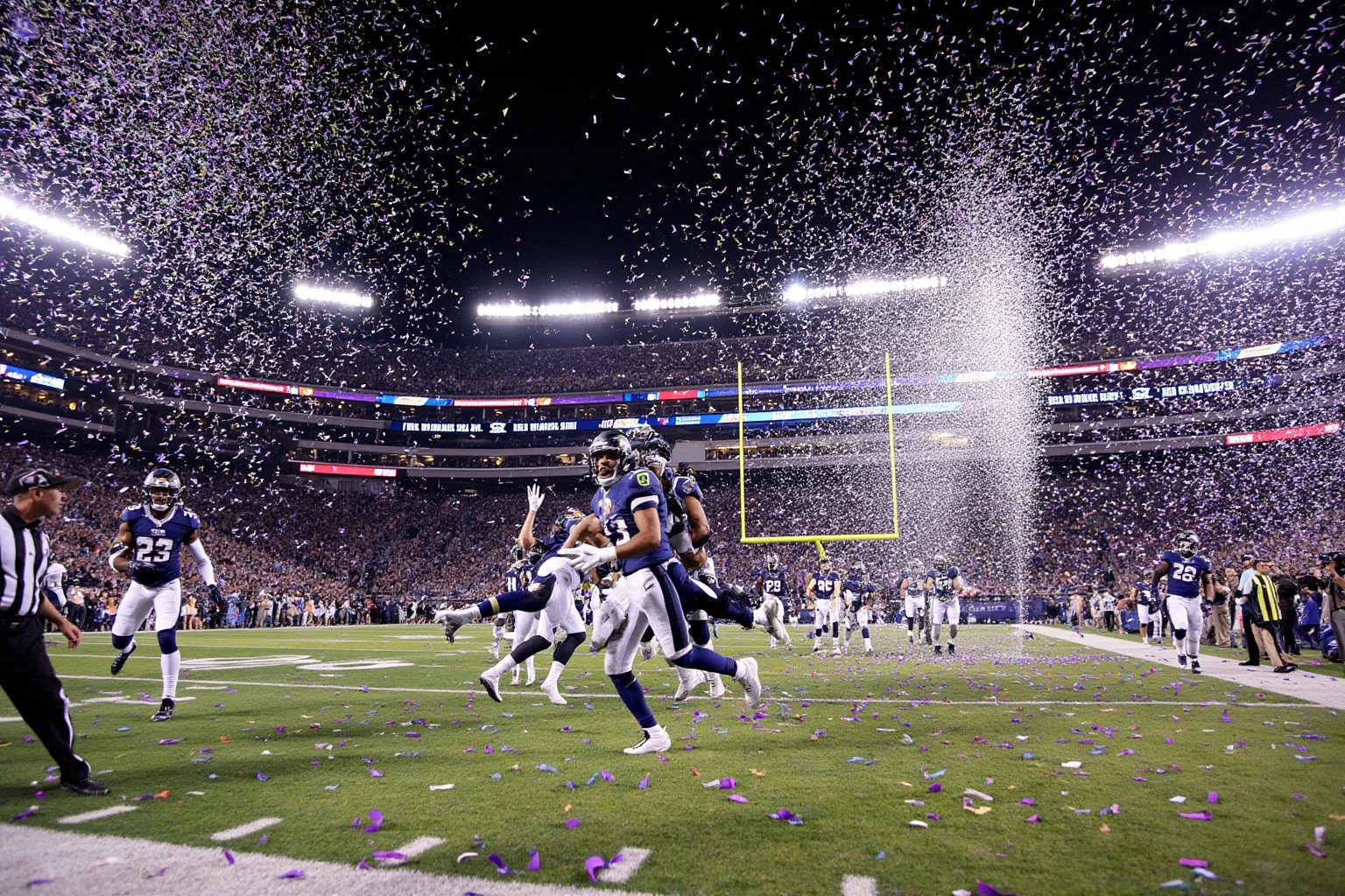 An overtime touchdown run in a confetti-filled stadium, generic uniforms, no real logos or names, celebratory atmosphere.