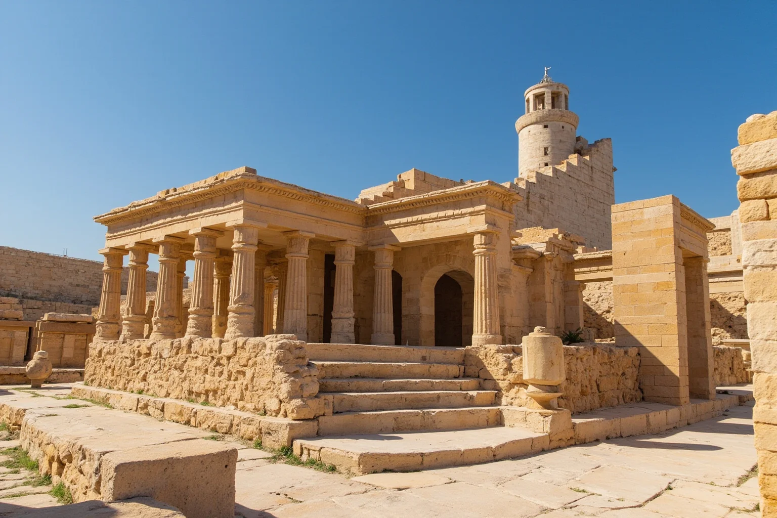 Ancient Alexandria library and lighthouse during Ptolemaic rule with Greek and Egyptian architectural fusion