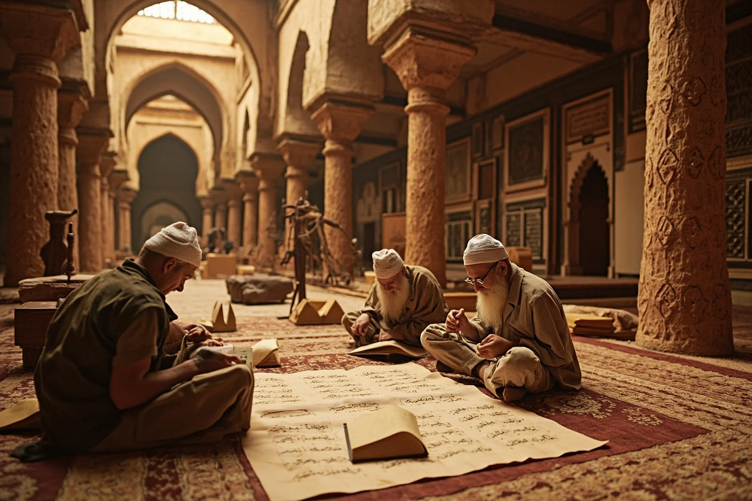 Ancient Baghdad House of Wisdom with Islamic golden age scholars translating manuscripts