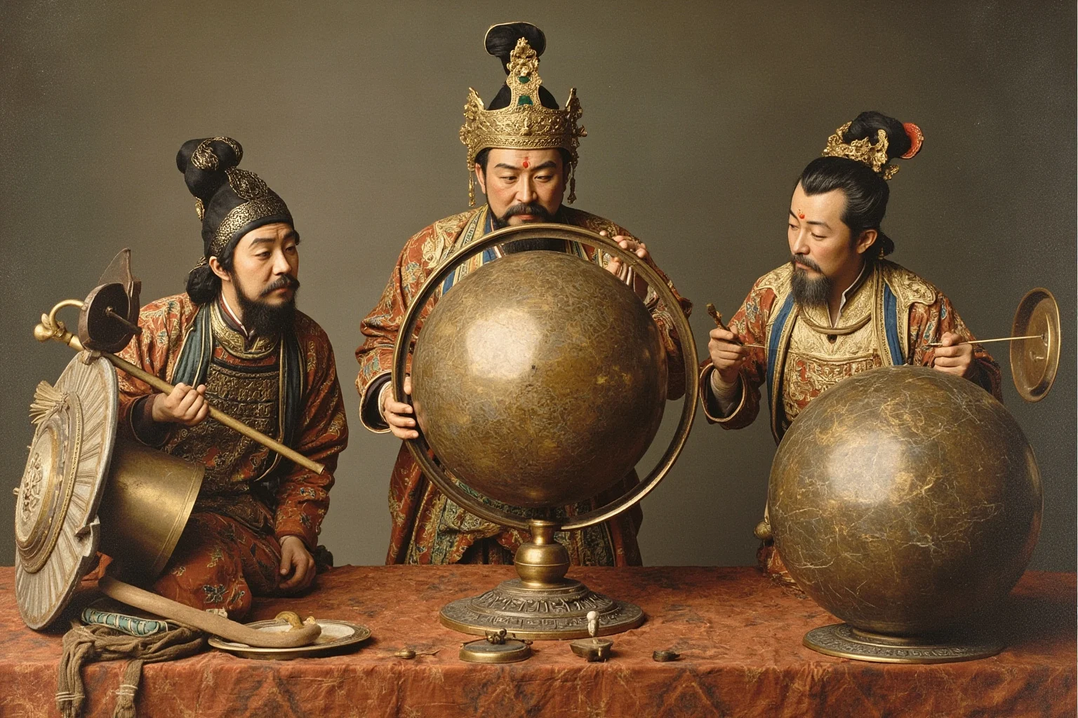 Ancient Chinese astronomers comparing a dome-shaped heaven model with a spherical celestial globe, Han dynasty study, brass instruments, no text.