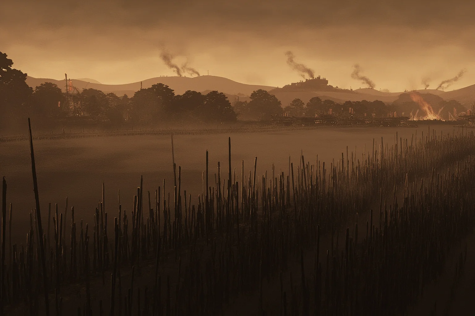 Most Peaceful Periods In History: The 10 Most Chaotic Eras That Broke The Calm 6 Ancient Chinese battlefield plain at dusk with rows of spears and banners, walled city burning faintly in the distance, muted bronze tones, historical illustration style