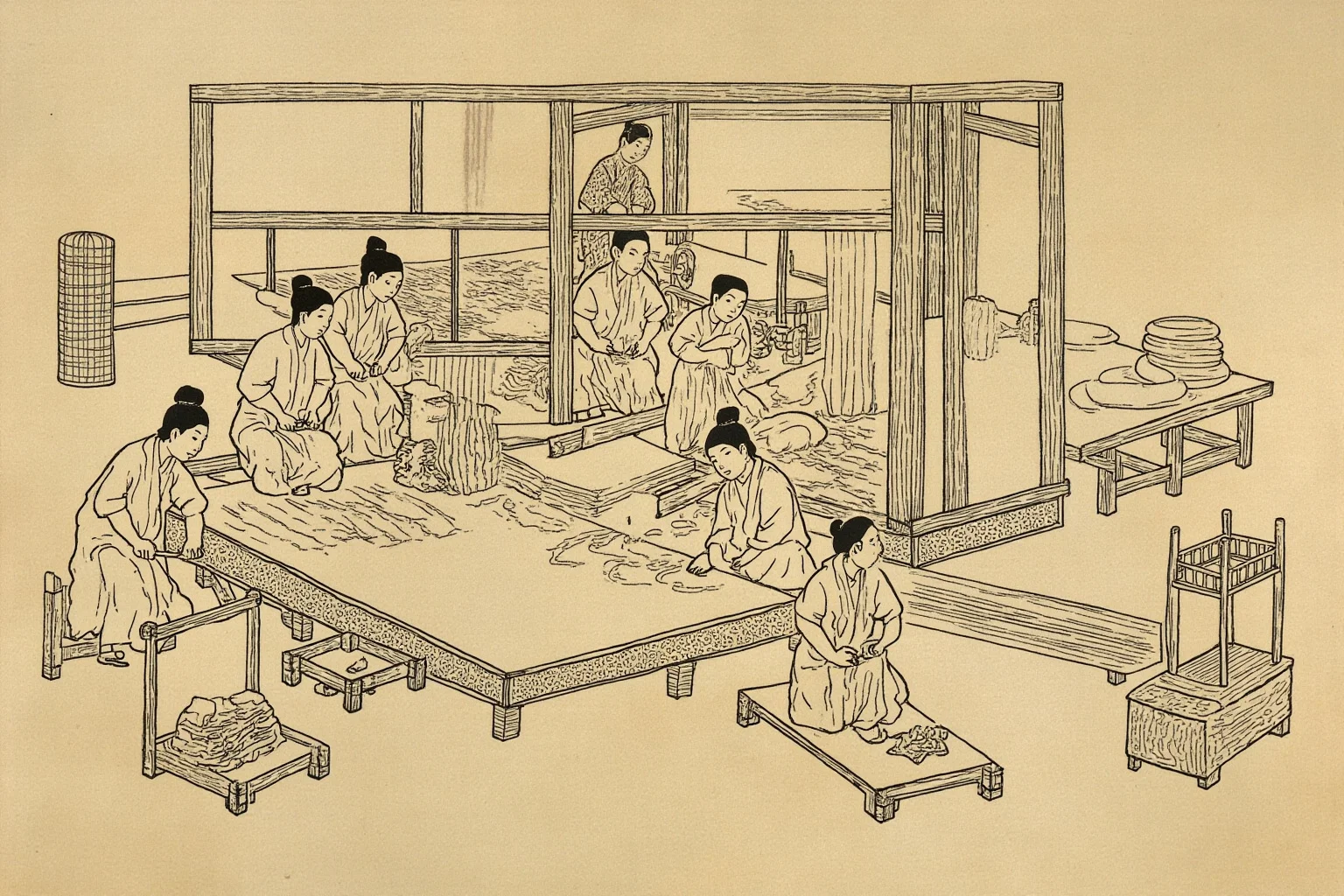 Ancient Chinese workers making paper from pulp in a workshop, traditional illustration